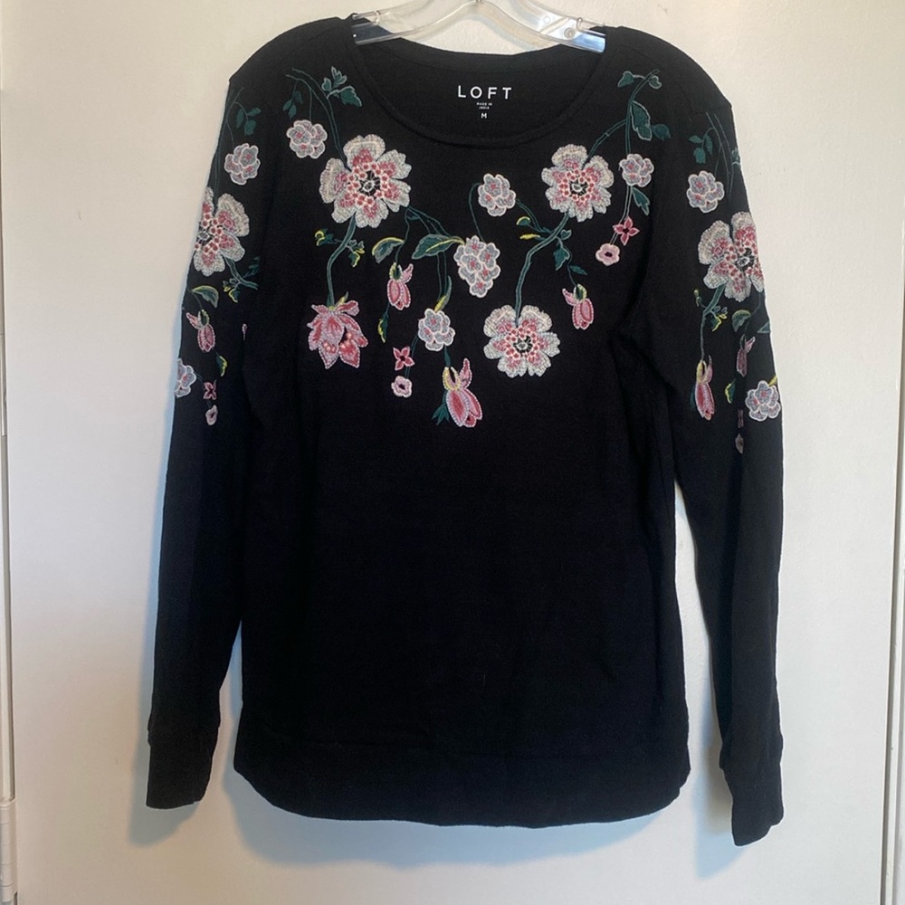LOFT Black Embroidered Long Sleeve